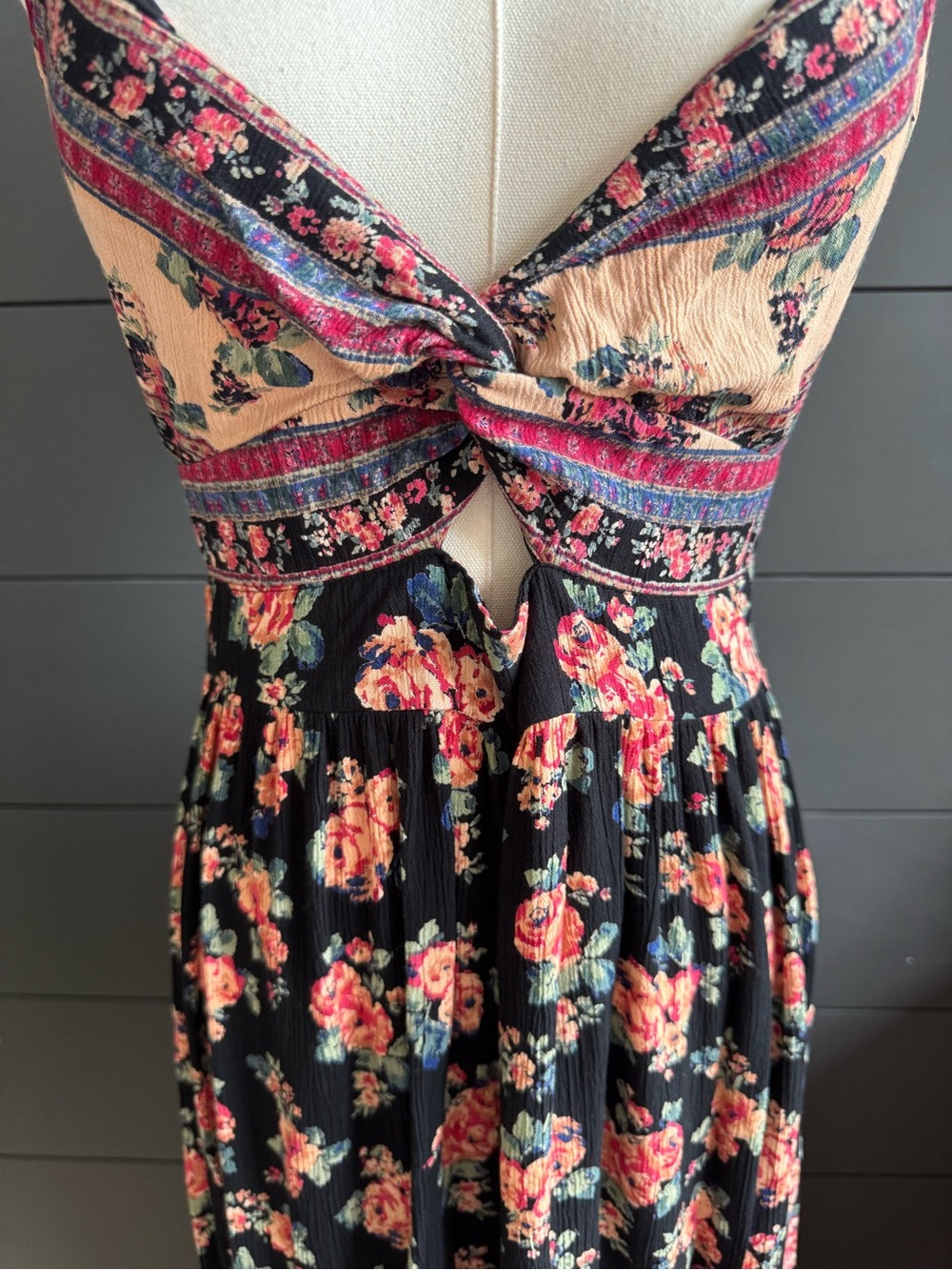 Angie Black Romantic Boho Prairie Western Dress with Pink Floral Print Summer - Picture 8 of 9